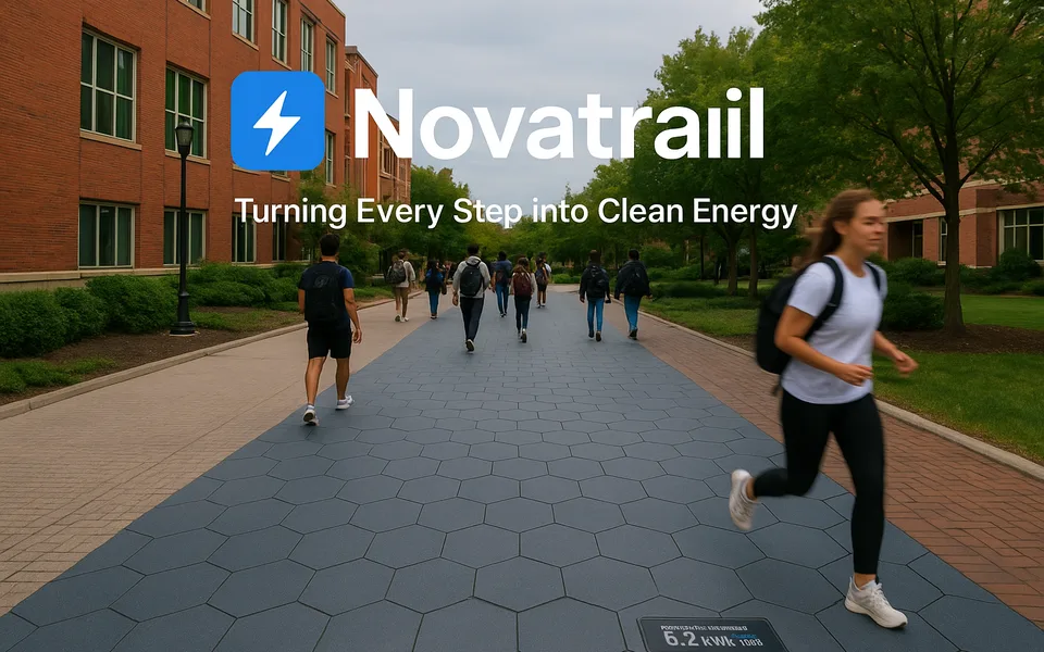Novatrail concept: kinetic floor tiles on a campus walkway turning steps into clean energy